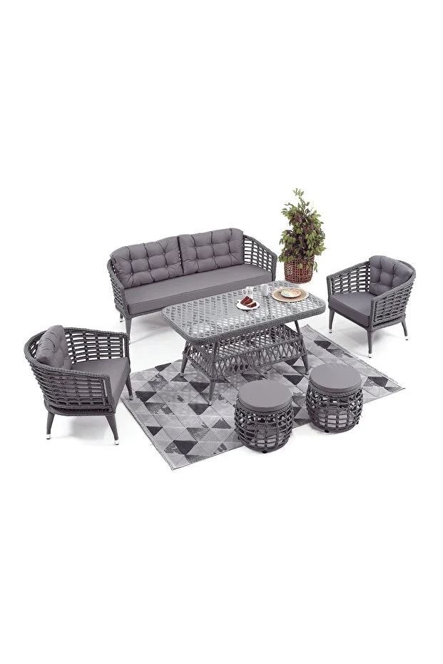 Linda Rattan Bahçe Balkon Oturma Grubu (3 +1+1+MASA+2 PUF)